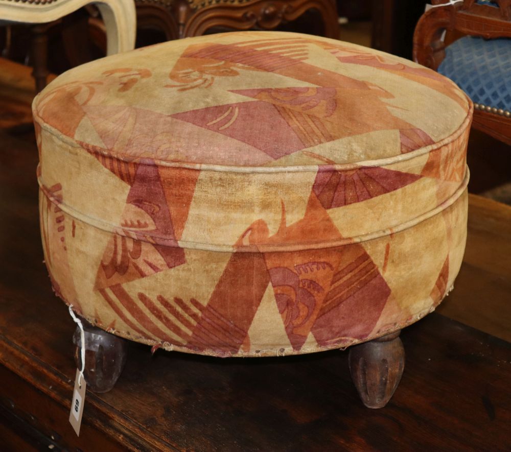 An Art Deco upholstered stool, diameter 54cm, H.34cm